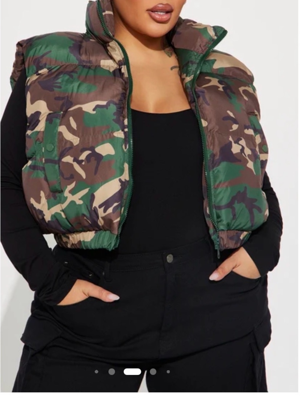 Fashion Nova Green & Brown Camo Cropped Puffer Vest